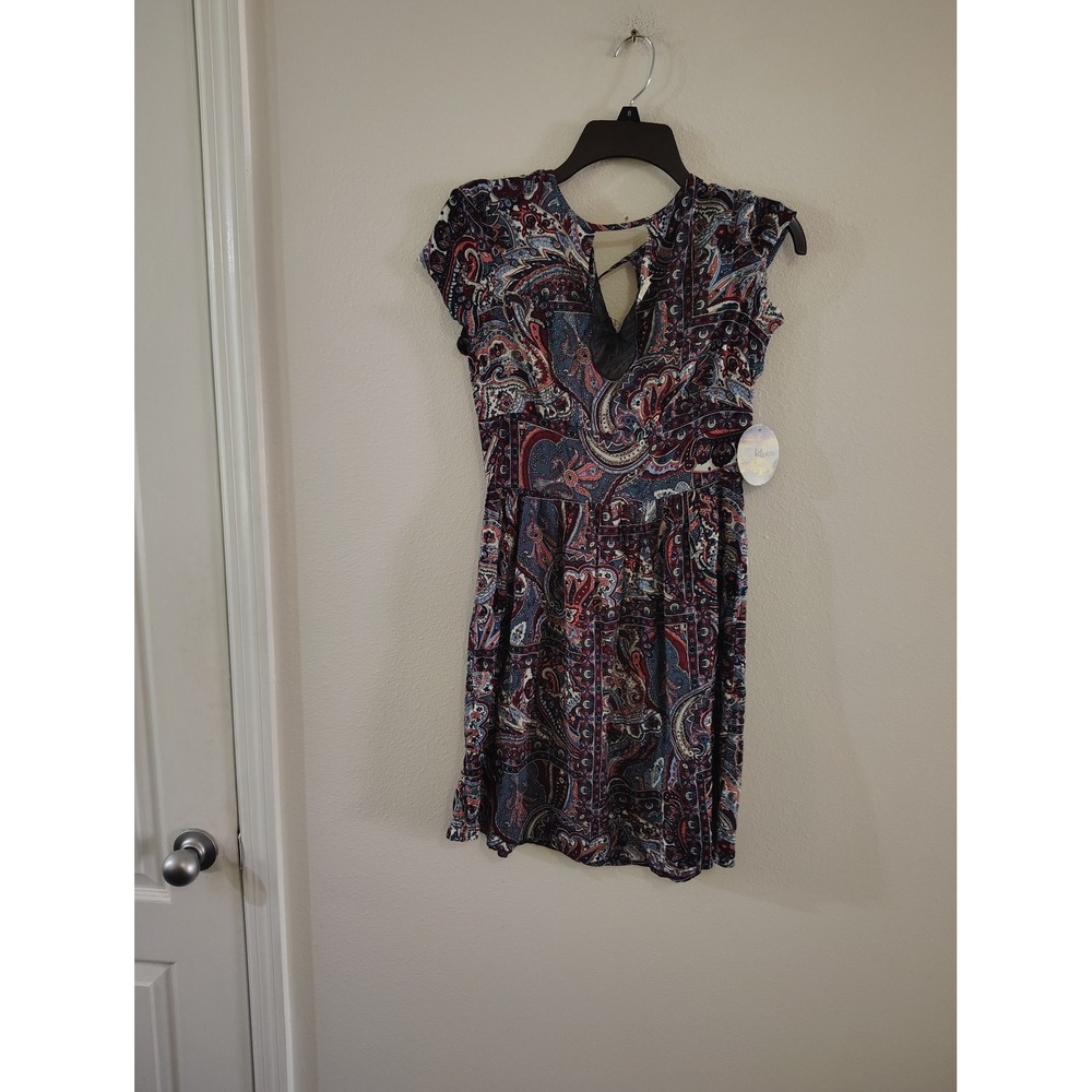 Bebop Womens Paisley Cap Sleeve Mini Dress Navy Burgundy Lace Back‎ Boho Small